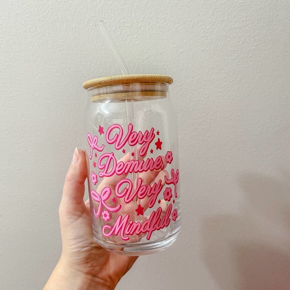 Very Demure, Very Mindful Glass Cup with Lid and Straw